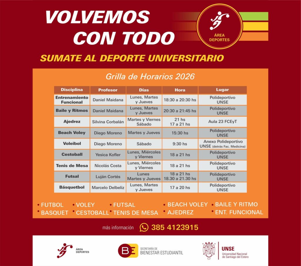 Conocé el horario de las prácticas de deporte de la UNSE